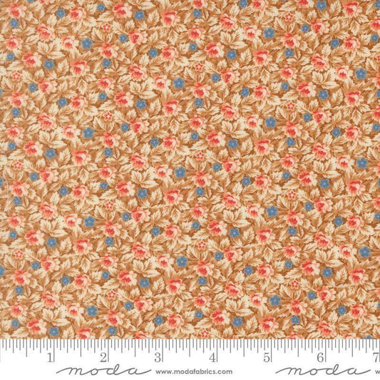 Image of Butternut and Sage Mums and Posies Cinnamon quilting cotton fabric by Fig Tree Co for Moda Fabrics. Features flowers on a brown background. Cute Little Fabric Shop.