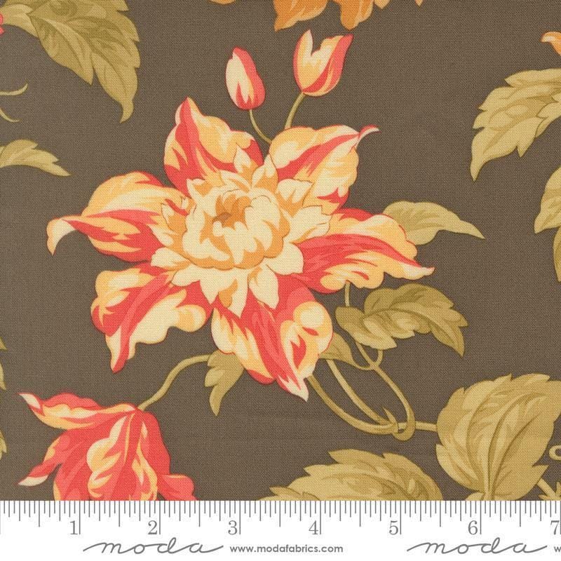 Image of Butternut and Sage Harvest Floral Earth quilting cotton fabric by Fig Tree Co for Moda Fabrics. Features flowers on a gray brown background. Cute Little Fabric Shop.