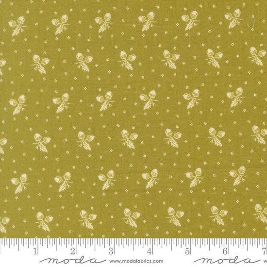 Image of Butternut and Sage Acorn Medley Sage quilting cotton fabric by Fig Tree Co for Moda Fabrics. Features acorns and dots on a green background. Cute Little Fabric Shop.