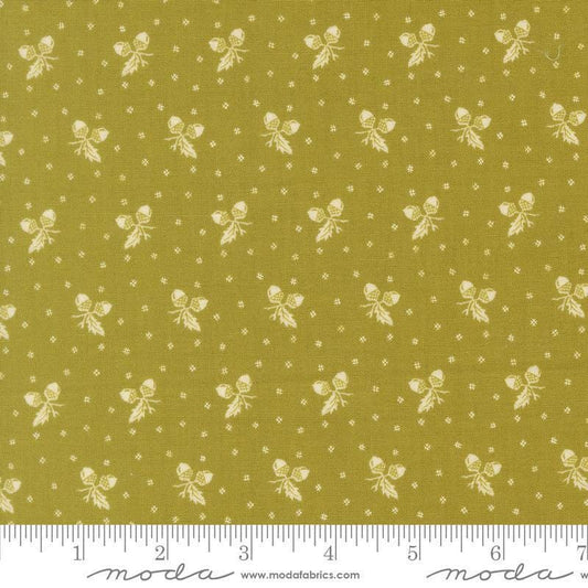 Image of Butternut and Sage Acorn Medley Sage quilting cotton fabric by Fig Tree Co for Moda Fabrics. Features acorns and dots on a green background. Cute Little Fabric Shop.