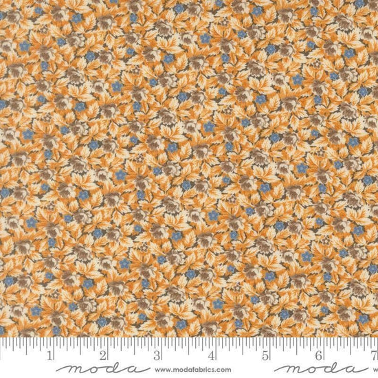 Image of Butternut and Sage Mum ands Posies Earth quilting cotton fabric by Fig Tree Co for Moda Fabrics. Features flowers on a gray brown background. Cute Little Fabric Shop.