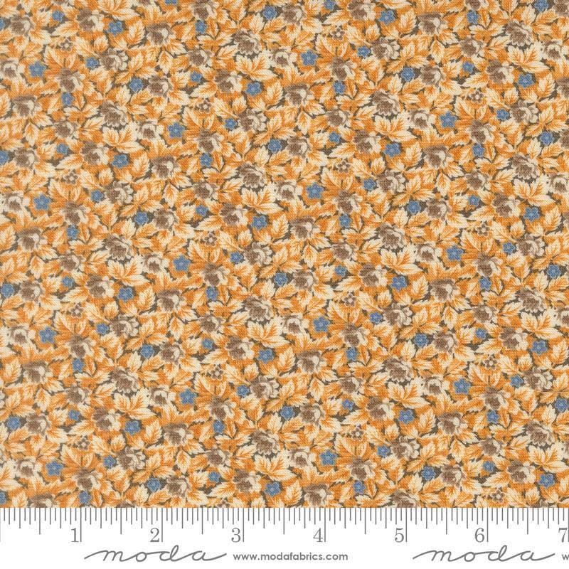 Image of Butternut and Sage Mum ands Posies Earth quilting cotton fabric by Fig Tree Co for Moda Fabrics. Features flowers on a gray brown background. Cute Little Fabric Shop.