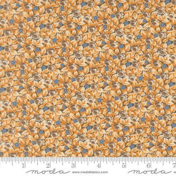 Image of Butternut and Sage Mum ands Posies Earth quilting cotton fabric by Fig Tree Co for Moda Fabrics. Features flowers on a gray brown background. Cute Little Fabric Shop.