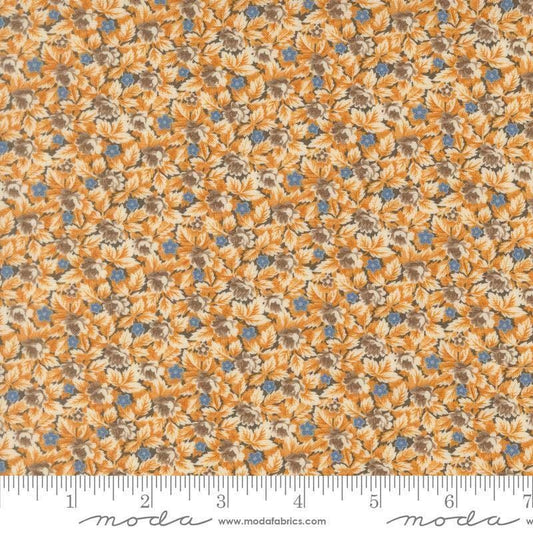 Image of Butternut and Sage Mum ands Posies Earth quilting cotton fabric by Fig Tree Co for Moda Fabrics. Features flowers on a gray brown background. Cute Little Fabric Shop.
