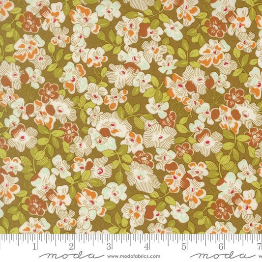 Image of Butternut and Sage Fields of Flowers Olive quilting cotton fabric by Fig Tree Co for Moda Fabrics. Features flowers on a green background. Cute Little Fabric Shop.