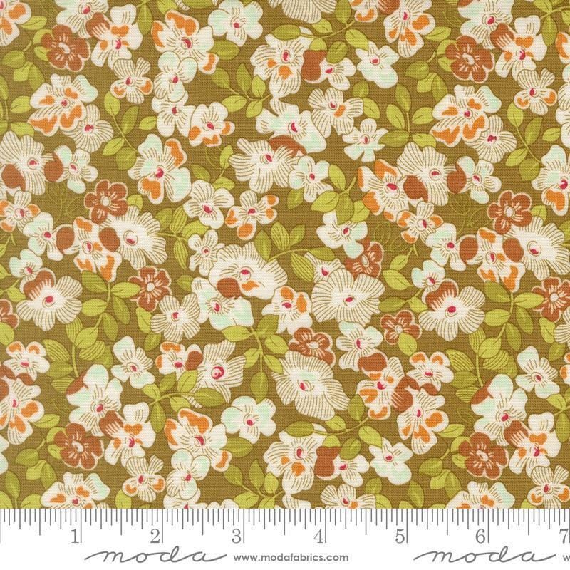 Image of Butternut and Sage Fields of Flowers Olive quilting cotton fabric by Fig Tree Co for Moda Fabrics. Features flowers on a green background. Cute Little Fabric Shop.