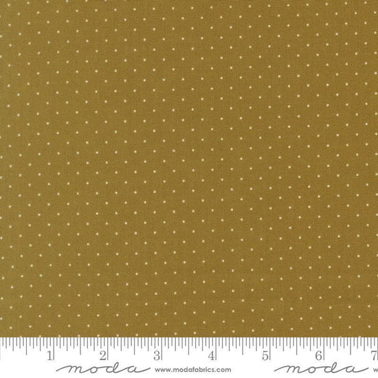Image of Butternut and Sage Pindot Olive quilting cotton fabric by Fig Tree Co for Moda Fabrics. Features polka dots on a green background. Cute Little Fabric Shop.