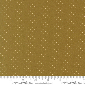 Image of Butternut and Sage Pindot Olive quilting cotton fabric by Fig Tree Co for Moda Fabrics. Features polka dots on a green background. Cute Little Fabric Shop.