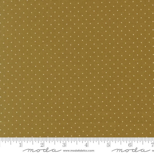 Image of Butternut and Sage Pindot Olive quilting cotton fabric by Fig Tree Co for Moda Fabrics. Features polka dots on a green background. Cute Little Fabric Shop.