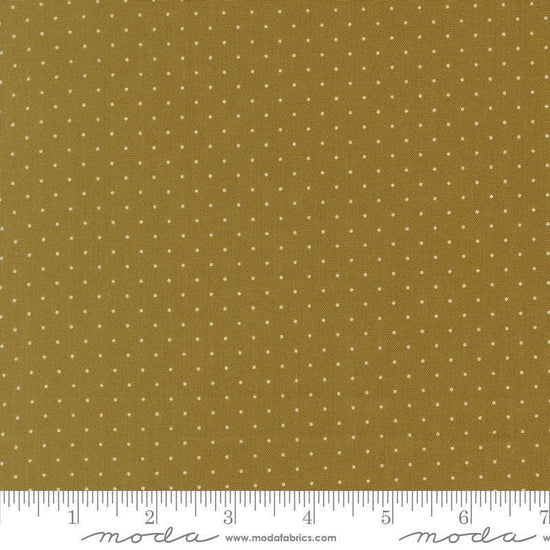 Image of Butternut and Sage Pindot Olive quilting cotton fabric by Fig Tree Co for Moda Fabrics. Features polka dots on a green background. Cute Little Fabric Shop.
