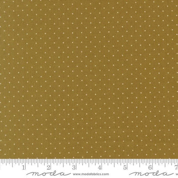 Image of Butternut and Sage Pindot Olive quilting cotton fabric by Fig Tree Co for Moda Fabrics. Features polka dots on a green background. Cute Little Fabric Shop.