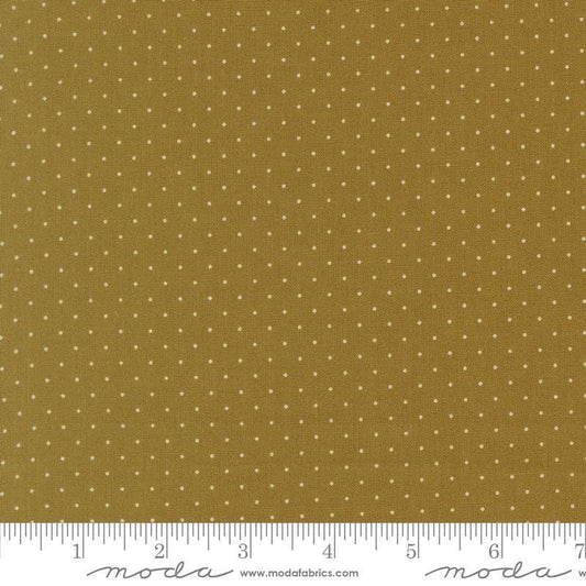 Image of Butternut and Sage Pindot Olive quilting cotton fabric by Fig Tree Co for Moda Fabrics. Features polka dots on a green background. Cute Little Fabric Shop.