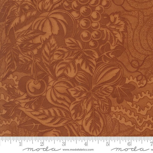 Image of Butternut and Sage Autumnal Bounty Cinnamon quilting cotton fabric by Fig Tree Co for Moda Fabrics. Features tonal gourds on a brown background. Cute Little Fabric Shop.