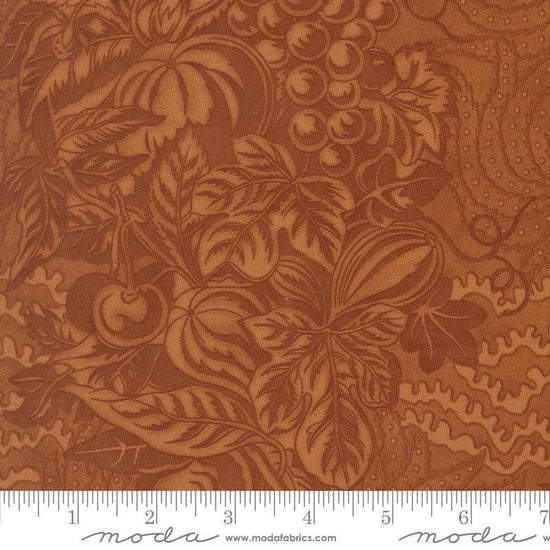 Image of Butternut and Sage Autumnal Bounty Cinnamon quilting cotton fabric by Fig Tree Co for Moda Fabrics. Features tonal gourds on a brown background. Cute Little Fabric Shop.