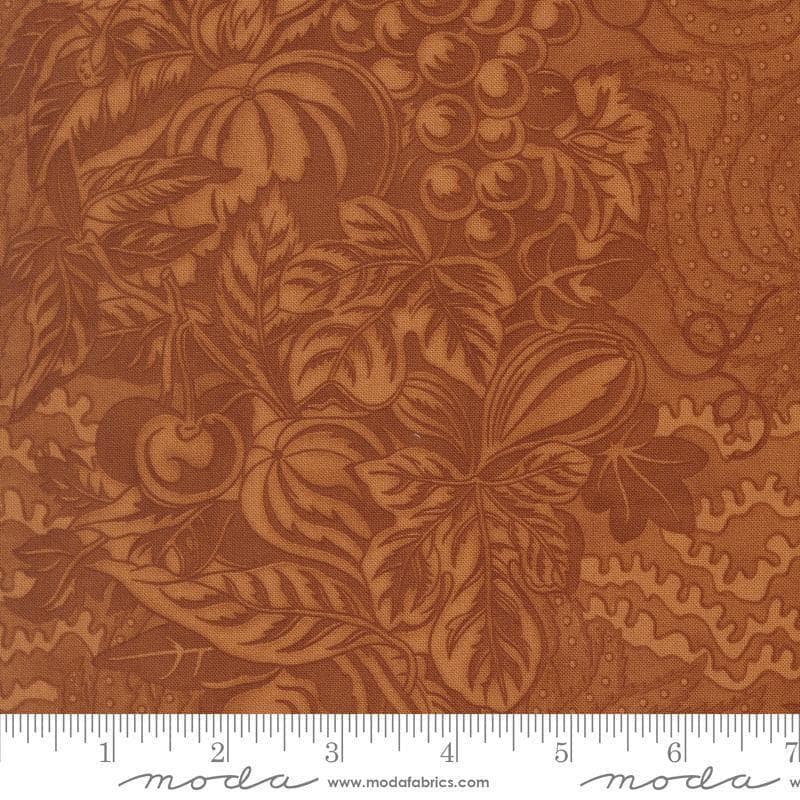 Image of Butternut and Sage Autumnal Bounty Cinnamon quilting cotton fabric by Fig Tree Co for Moda Fabrics. Features tonal gourds on a brown background. Cute Little Fabric Shop.