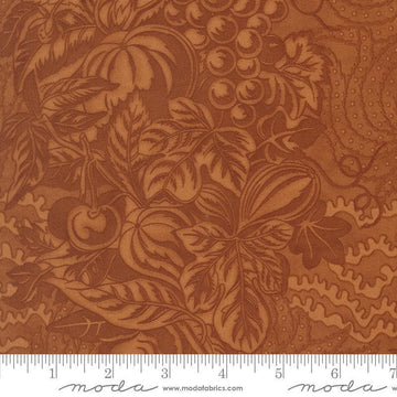 Image of Butternut and Sage Autumnal Bounty Cinnamon quilting cotton fabric by Fig Tree Co for Moda Fabrics. Features tonal gourds on a brown background. Cute Little Fabric Shop.