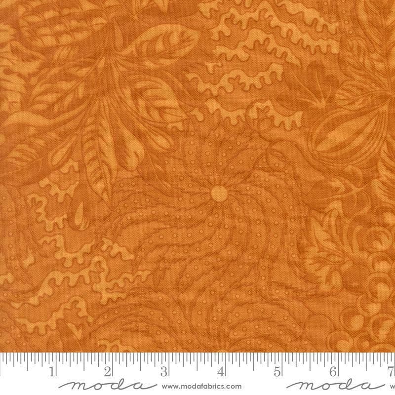 Image of Butternut and Sage Autumnal Bounty Butterscotch quilting cotton fabric by Fig Tree Co for Moda Fabrics. Features tonal gourds on an orange background. Cute Little Fabric Shop.