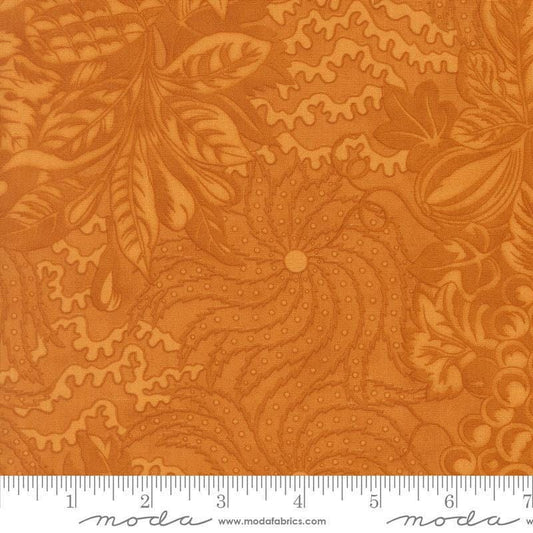 Image of Butternut and Sage Autumnal Bounty Butterscotch quilting cotton fabric by Fig Tree Co for Moda Fabrics. Features tonal gourds on an orange background. Cute Little Fabric Shop.