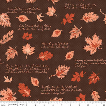 Image of Cozy Autumn Quotes Brown quilting cotton fabric by Beverly McCullough for Riley Blake Designs. Features leaves and quotes on a brown background. Cute Little Fabric Shop.
