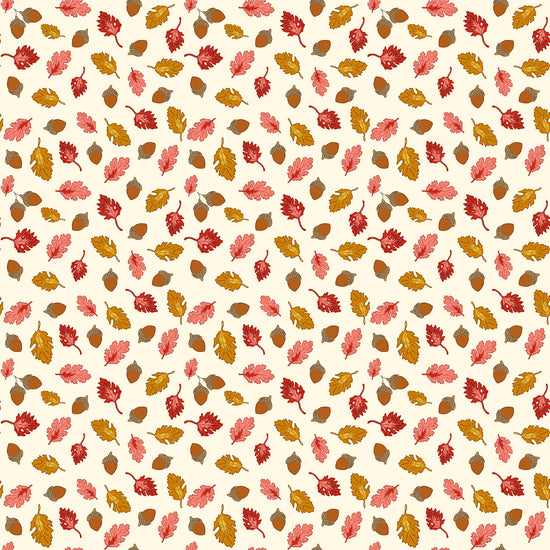 Image of Cozy Autumn Acorns & Oak Leaves Putty quilting cotton fabric by Beverly McCullough for Riley Blake Designs. Features leaves and acorns on a cream background. Cute Little Fabric Shop.