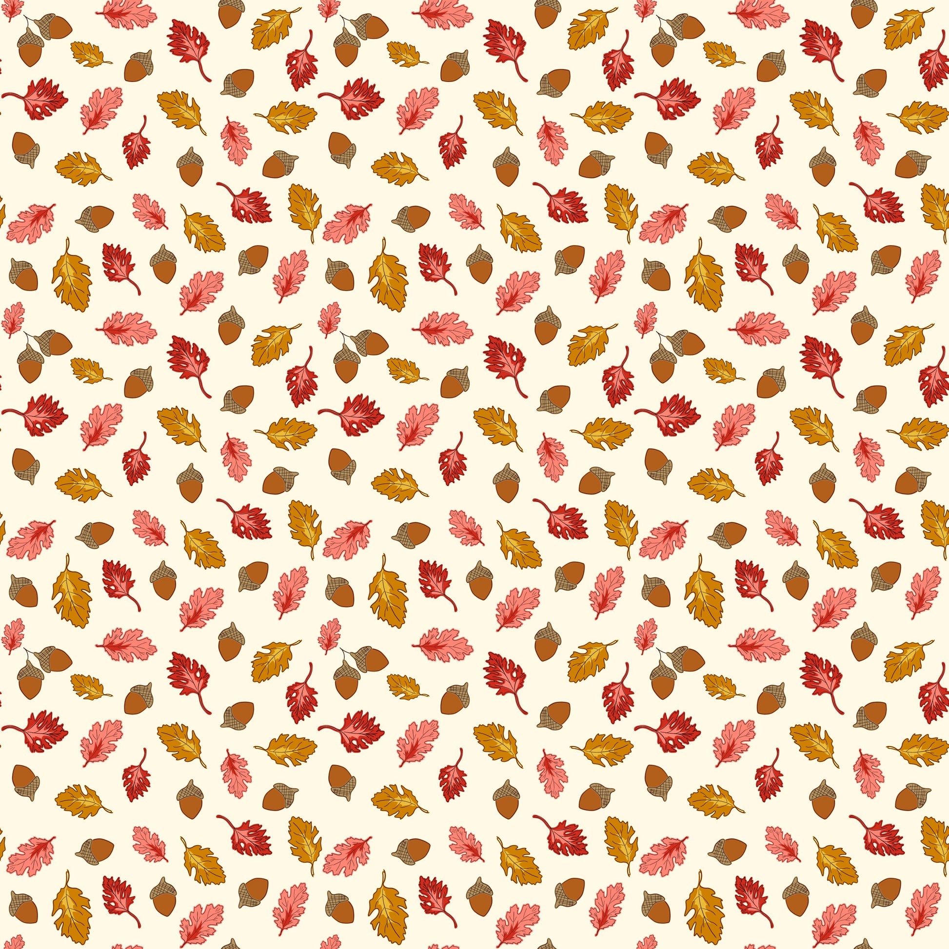 Image of Cozy Autumn Acorns & Oak Leaves Putty quilting cotton fabric by Beverly McCullough for Riley Blake Designs. Features leaves and acorns on a cream background. Cute Little Fabric Shop.