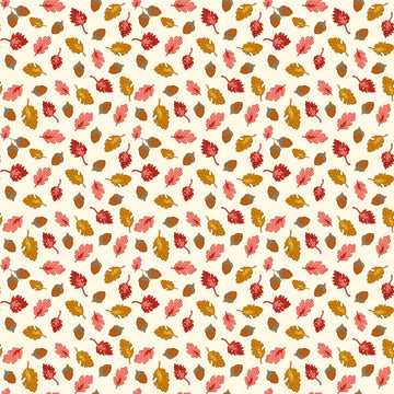 Image of Cozy Autumn Acorns & Oak Leaves Putty quilting cotton fabric by Beverly McCullough for Riley Blake Designs. Features leaves and acorns on a cream background. Cute Little Fabric Shop.