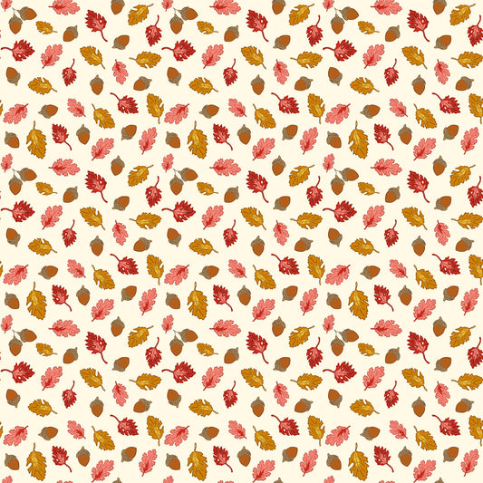 Image of Cozy Autumn Acorns & Oak Leaves Putty quilting cotton fabric by Beverly McCullough for Riley Blake Designs. Features leaves and acorns on a cream background. Cute Little Fabric Shop.