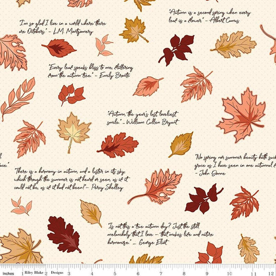 Image of Cozy Autumn Quotes Putty quilting cotton fabric by Beverly McCullough for Riley Blake Designs. Features leaves and quotes on a cream background. Cute Little Fabric Shop.