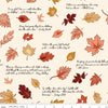 Image of Cozy Autumn Quotes Putty quilting cotton fabric by Beverly McCullough for Riley Blake Designs. Features leaves and quotes on a cream background. Cute Little Fabric Shop.