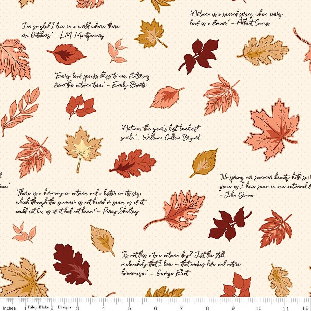 Image of Cozy Autumn Quotes Putty quilting cotton fabric by Beverly McCullough for Riley Blake Designs. Features leaves and quotes on a cream background. Cute Little Fabric Shop.