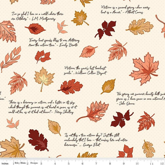 Image of Cozy Autumn Quotes Putty quilting cotton fabric by Beverly McCullough for Riley Blake Designs. Features leaves and quotes on a cream background. Cute Little Fabric Shop.