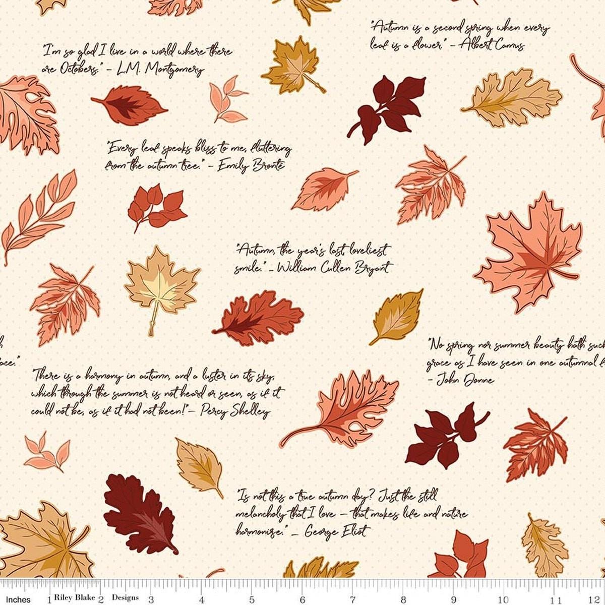 Image of Cozy Autumn Quotes Putty quilting cotton fabric by Beverly McCullough for Riley Blake Designs. Features leaves and quotes on a cream background. Cute Little Fabric Shop.