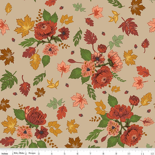 Image of Cozy Autumn Main Palomino quilting cotton fabric by Beverly McCullough for Riley Blake Designs. Features flowers on a gray background. Cute Little Fabric Shop.