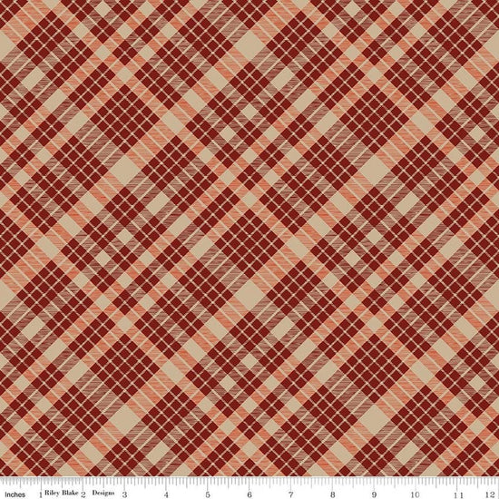 Image of Cozy Autumn Plaid Mahogany quilting cotton fabric by Beverly McCullough for Riley Blake Designs. Features plaid on a redish brown background. Cute Little Fabric Shop.