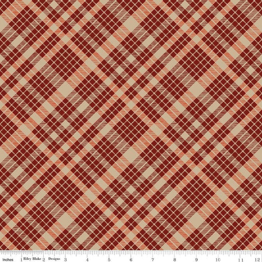 Image of Cozy Autumn Plaid Mahogany quilting cotton fabric by Beverly McCullough for Riley Blake Designs. Features plaid on a redish brown background. Cute Little Fabric Shop.