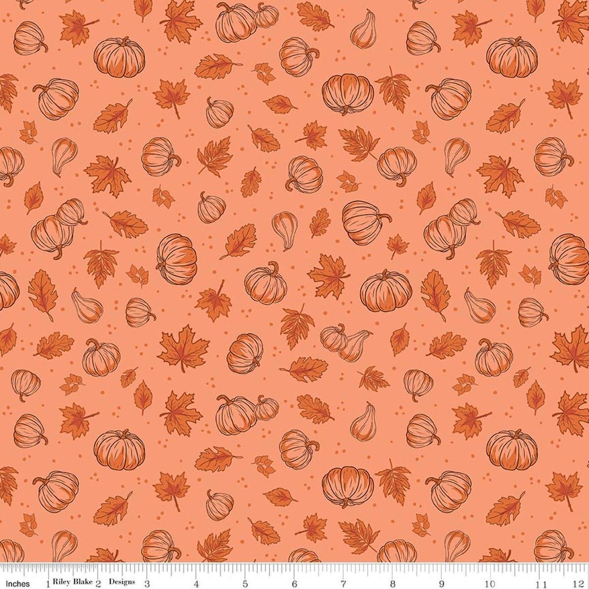 Image of Cozy Autumn Pumpkins Melon quilting cotton fabric by Beverly McCullough for Riley Blake Designs. Features pumpkins and leaves on a pinky orange background. Cute Little Fabric Shop.