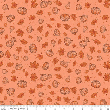 Image of Cozy Autumn Pumpkins Melon quilting cotton fabric by Beverly McCullough for Riley Blake Designs. Features pumpkins and leaves on a pinky orange background. Cute Little Fabric Shop.