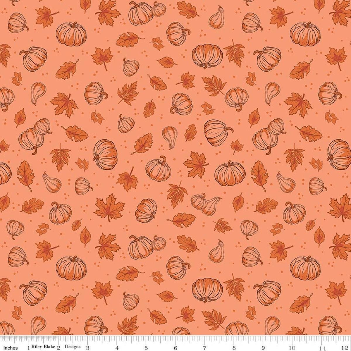 Image of Cozy Autumn Pumpkins Melon quilting cotton fabric by Beverly McCullough for Riley Blake Designs. Features pumpkins and leaves on a pinky orange background. Cute Little Fabric Shop.