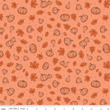 Image of Cozy Autumn Pumpkins Melon quilting cotton fabric by Beverly McCullough for Riley Blake Designs. Features pumpkins and leaves on a pinky orange background. Cute Little Fabric Shop.
