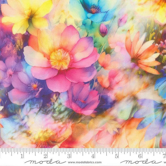Image of Gradients Gallery Luminescent Garden Rainbow quilting cotton fabric by Moda for Moda Fabrics. Features flowers on a rainbow background. Cute Little Fabric Shop.