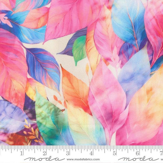 Image of Gradients Gallery Leaving Color Rainbow quilting cotton fabric by Moda for Moda Fabrics. Features leaves on a rainbow background. Cute Little Fabric Shop.
