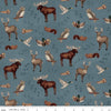 Image of Whispering Pines Animal Toss Blue quilting cotton fabric by The RBD Designers for Riley Blake Designs. Features animals on a blue background. Cute Little Fabric Shop.