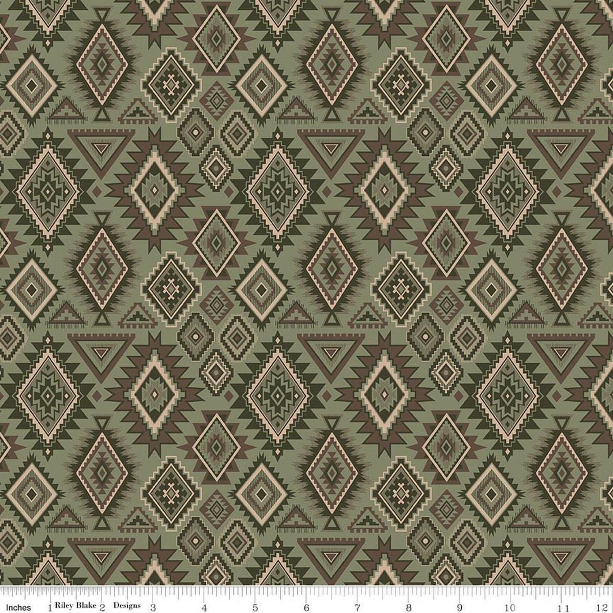 Image of Whispering Pines Geometric Green quilting cotton fabric by The RBD Designers for Riley Blake Designs. Features a geometric pattern on a green background. Cute Little Fabric Shop.