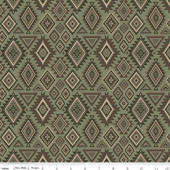 Image of Whispering Pines Geometric Green quilting cotton fabric by The RBD Designers for Riley Blake Designs. Features a geometric pattern on a green background. Cute Little Fabric Shop.