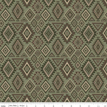 Image of Whispering Pines Geometric Green quilting cotton fabric by The RBD Designers for Riley Blake Designs. Features a geometric pattern on a green background. Cute Little Fabric Shop.