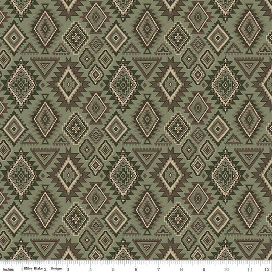 Image of Whispering Pines Geometric Green quilting cotton fabric by The RBD Designers for Riley Blake Designs. Features a geometric pattern on a green background. Cute Little Fabric Shop.