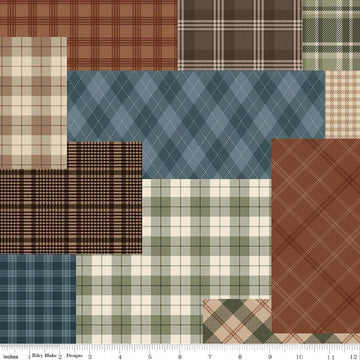 Image of Whispering Pines Cheater Print Multi quilting cotton fabric by The RBD Designers for Riley Blake Designs. Features plaid on a brown, green, and blue background. Cute Little Fabric Shop.