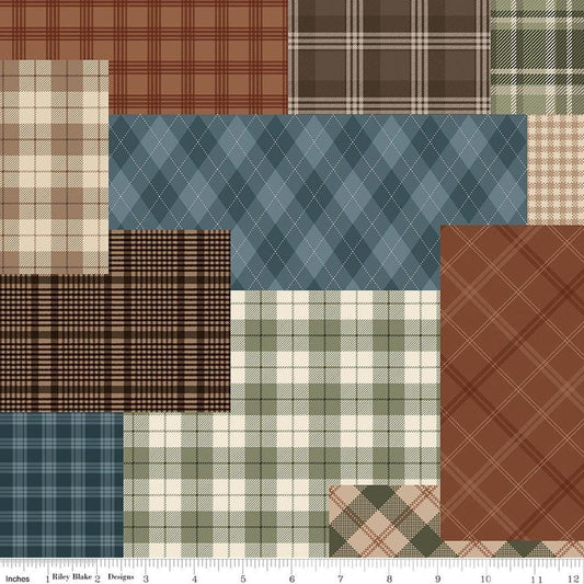 Image of Whispering Pines Cheater Print Multi quilting cotton fabric by The RBD Designers for Riley Blake Designs. Features plaid on a brown, green, and blue background. Cute Little Fabric Shop.