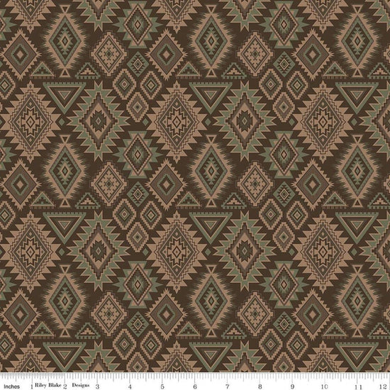 Image of Whispering Pines Geometric Brown quilting cotton fabric by The RBD Designers for Riley Blake Designs. Features a geometric pattern on a brown background. Cute Little Fabric Shop.