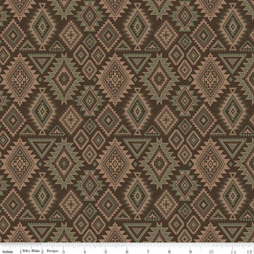 Image of Whispering Pines Geometric Brown quilting cotton fabric by The RBD Designers for Riley Blake Designs. Features a geometric pattern on a brown background. Cute Little Fabric Shop.